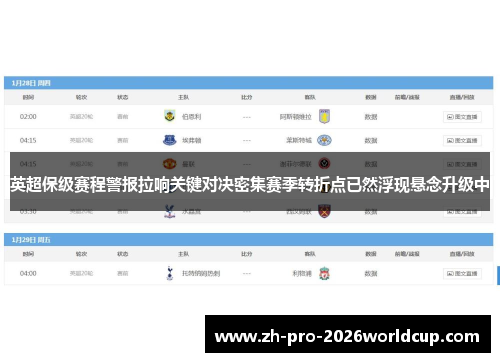 英超保级赛程警报拉响关键对决密集赛季转折点已然浮现悬念升级中 英超保级赛程警报拉响关键对决密集赛季转折点已然浮现悬念升级中